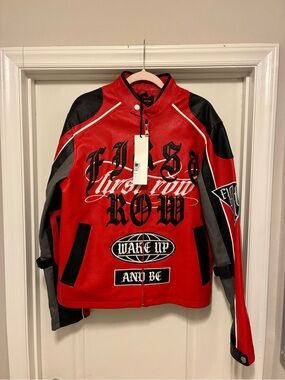 Red and Black Graphic Bomber Jacket with Varsity Lettering